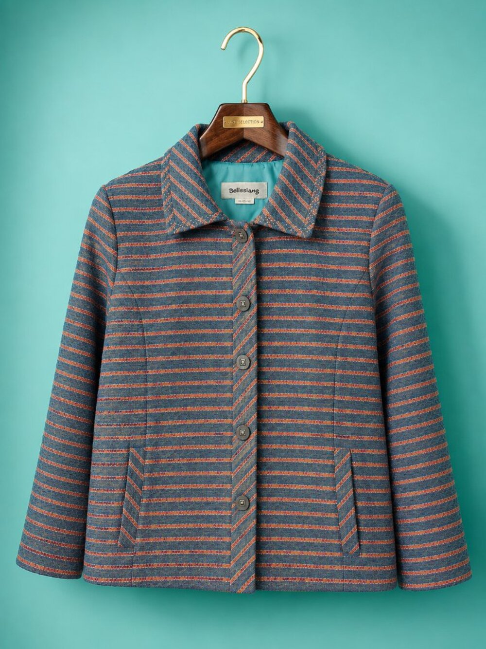 Office Siren Blue Turquoise Striped Lurex Textured Statement Jacket
